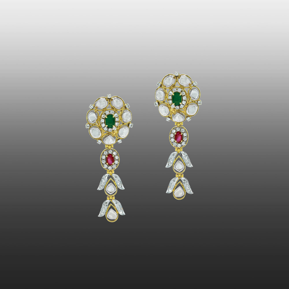 Layered Polki Necklace Set with Emeralds, Rubies, and Drops